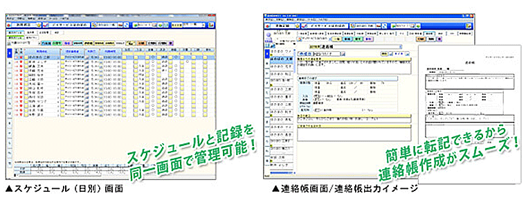 スケジュール(日別)画面 スケジュールと記録を同一画面で管理可能! 連絡帳画面/連絡帳出力イメージ 簡単に転記できるから連絡帳作成がスムーズ!