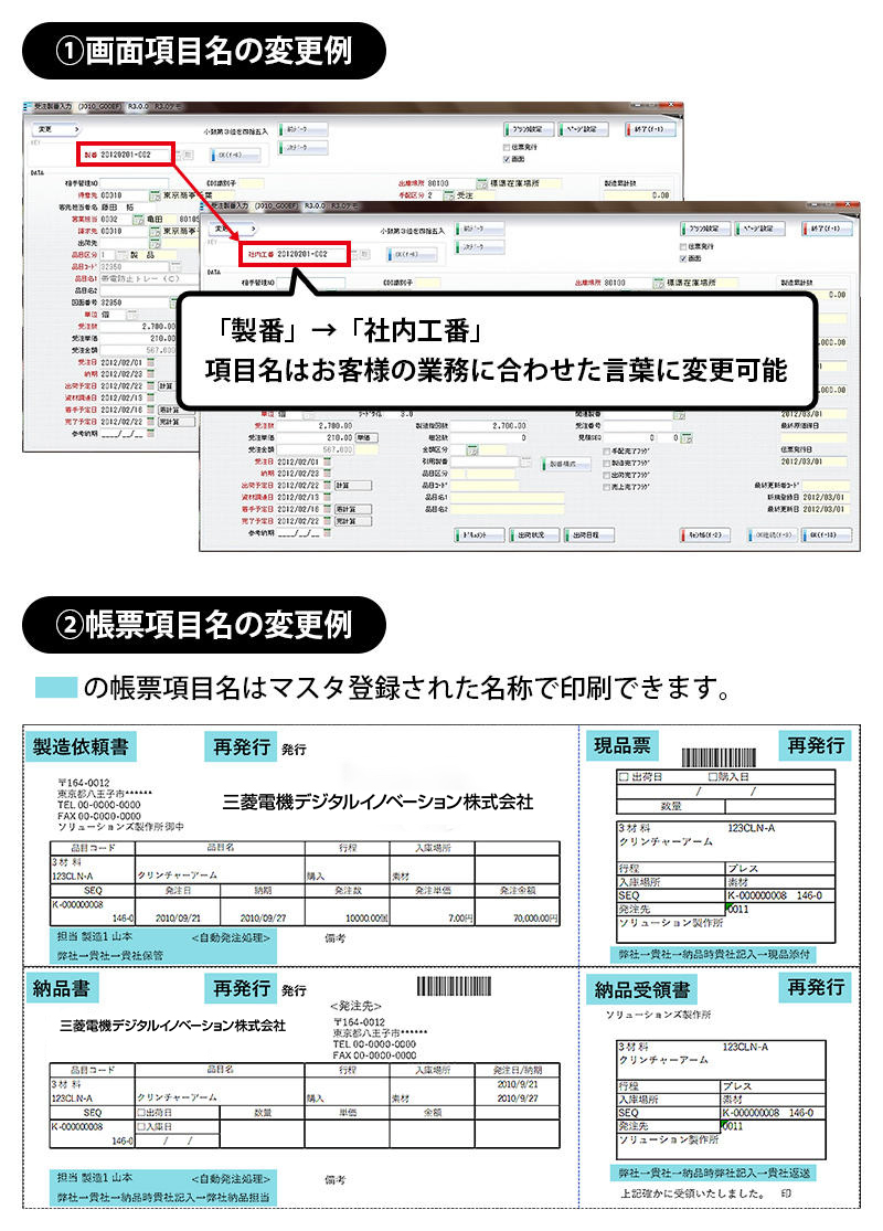 画面および帳票の項目名変更例イメージ
